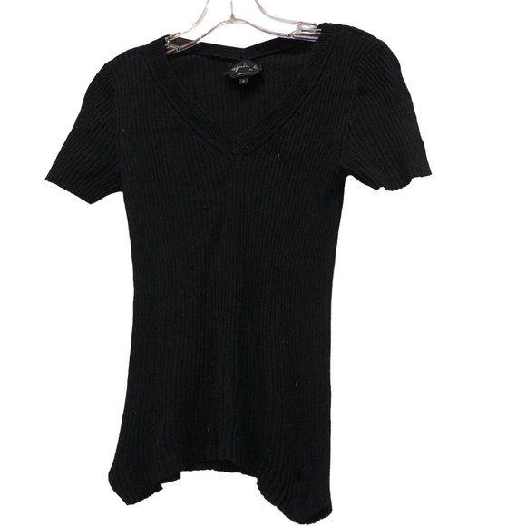 agnes b. paris france black ribbed clssic short sleeved v-neck sweater S - Picture 1 of 4